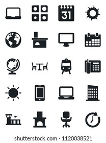 Set of vector isolated black icon - cafe vector, train, globe, airport building, mobile phone, calendar, sun, fireplace, earth, monitor, laptop pc, application, office, chair, notebook, city house