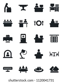 Set of vector isolated black icon - cafe vector, baby room, reception, flight table, medical, desk, meeting, manager place, lamp, restaurant, serviette, reserved