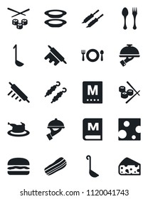 Set of vector isolated black icon - spoon and fork vector, cafe, menu, plates, bacon, waiter, chicken, kebab, hamburger, ladle, rolling pin, sushi, cheese