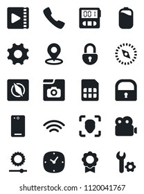Set of vector isolated black icon - phone back vector, call, settings, clock, stopwatch, sim, wireless, brightness, place tag, compass, lock, face id, video, photo gallery, battery, sertificate