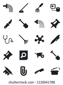 Set of vector isolated black icon - document search vector, pen, drawing pin, job, garden fork, rake, wheelbarrow, watering, hoe, knife, stethoscope, blood pressure, share, paper clip, rolling