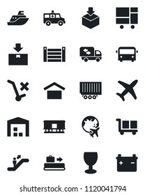 Set of vector isolated black icon - baggage conveyor vector, airport bus, escalator, plane globe, ambulance car, sea shipping, truck trailer, container, consolidated cargo, fragile, no trolley