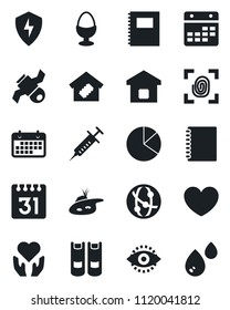Set of vector isolated black icon - book vector, heart, syringe, hand, satellite, term, network, protect, calendar, eye id, copybook, pie graph, pond, smart home, egg stand, fingerprint, water