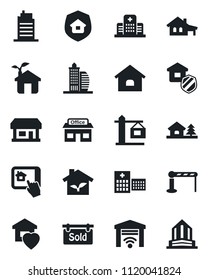 Set of vector isolated black icon - barrier vector, hospital, store, house, with garage, tree, sold signboard, office building, sweet home, city, crane, estate insurance, eco, control app, gate