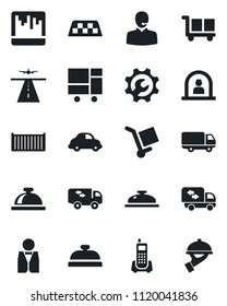 Set of vector isolated black icon - runway vector, taxi, reception bell, office phone, cargo container, car delivery, consolidated, scanner, root setup, support, moving, waiter