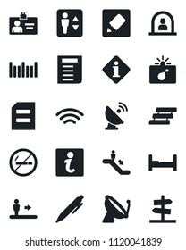 Set of vector isolated black icon - satellite antenna vector, elevator, escalator, no smoking, bomb in case, reception, identity card, pen, document, barcode, notes, wireless, paper tray, bedroom