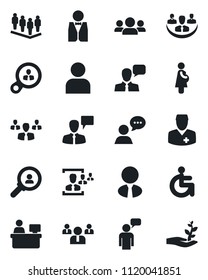Set of vector isolated black icon - speaking man vector, team, manager place, disabled, doctor, pregnancy, speaker, user, company, hr, estate agent, waiter, consumer search, group, palm sproute