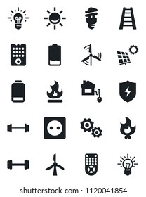 Set of vector isolated black icon - ladder vector, fire, barbell, remote control, low battery, protect, sun panel, windmill, home, socket, energy saving bulb, alarm led, gear, idea