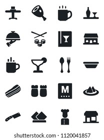 Set of vector isolated black icon - hot cup vector, spoon and fork, coffee, cook, alcohol, restaurant table, serviette, wine card, menu, cocktail, bacon, waiter, salt pepper, cafe building, ham