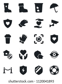 Set of vector isolated black icon - fence vector, umbrella, trash bin, glove, boot, heart shield, hand, protect, eye id, estate insurance, water filter, home, surveillance, crisis management