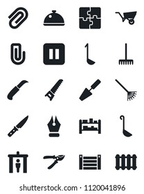 Set of vector isolated black icon - security gate vector, trowel, rake, wheelbarrow, pruner, saw, garden knife, container, rack, pause button, application, paper clip, ink pen, dish, ladle, radiator