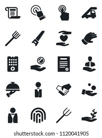 Set of vector isolated black icon - ladder car vector, farm fork, glove, saw, heart hand, client, touch screen, fingerprint id, contract, waiter, remote control, handshake, investment, palm sproute