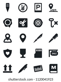 Set of vector isolated black icon - parking vector, no mobile, pen, stamp, plant label, heart shield, navigation, pin, fragile, up side sign, hook, barcode, sd, cut, sale, menu