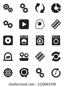 Set of vector isolated black icon - ticket office vector, gear, circle chart, stamp, pills blister, play button, rec, update, target, washer, flower in pot, omelette, clock