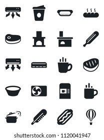 Set of vector isolated black icon - hot cup vector, coffee machine, fireplace, thermometer, air conditioner, bread, steak, dog, bowl, steaming pan, balloon