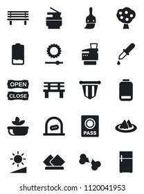 Set of vector isolated black icon - ticket office vector, passport, pennant, bench, dropper, broken bone, low battery, themes, brightness, copier, fruit tree, serviette, salad, open close, fridge