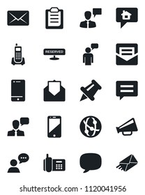 Set of vector isolated black icon - speaking man vector, office phone, loudspeaker, network, cell, speaker, paper pin, mail, message, clipboard, reserved, home