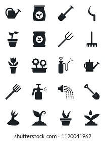 Set of vector isolated black icon - job vector, flower in pot, shovel, farm fork, rake, seedling, watering can, sproute, sickle, garden sprayer, fertilizer, irrigation