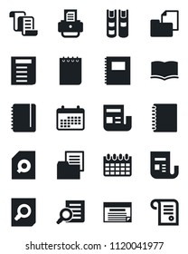 Set of vector isolated black icon - contract vector, book, document search, notepad, calendar, printer, folder, news, copybook, schedule