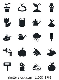 Set of vector isolated black icon - flower in pot vector, seedling, watering can, sproute, rain, plant label, pumpkin, pond, tulip, oil barrel, rolling pin, apple fruit