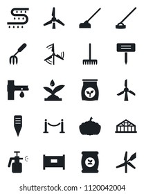 Set of vector isolated black icon - fence vector, garden fork, rake, hoe, plant label, pumpkin, greenhouse, sprayer, fertilizer, drip irrigation, windmill