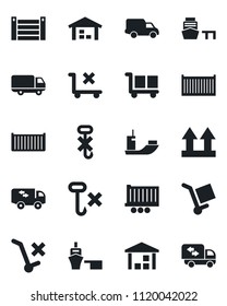 Set of vector isolated black icon - sea shipping vector, truck trailer, cargo container, car delivery, port, up side sign, no trolley, hook, warehouse, moving