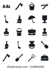 Set of vector isolated black icon - umbrella vector, stamp, baggage larry, job, shovel, farm fork, bucket, pruner, axe, fragile, themes, ladle, case