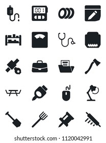 Set of vector isolated black icon - case vector, mouse, job, farm fork, axe, picnic table, stethoscope, dropper, scales, satellite, rack, hdmi, stopwatch, notes, drawing pin, document folder, plates