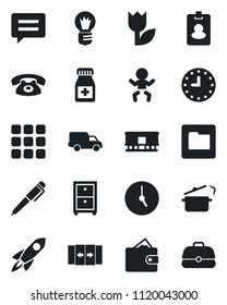 Set of vector isolated black icon - automatic door vector, baby, bulb, pills bottle, car delivery, clock, tulip, railroad, menu, message, folder, archive box, pen, phone, steaming pan, pass card