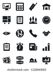 Set of vector isolated black icon - suitcase vector, alarm clock, growth statistic, pedestal, eye, cash, consolidated cargo, clipboard, warehouse, news, network, call, calculator, monitor statistics