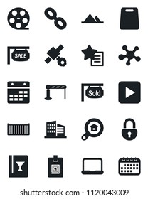 Set of vector isolated black icon - barrier vector, satellite, cargo container, reel, share, chain, favorites list, play button, calendar, lock, identity card, notebook pc, mountains, sale, wine