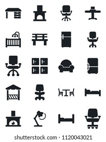 Set of vector isolated black icon - cafe vector, bed, checkroom, office chair, desk, bench, fireplace, lamp, bedroom, children room, cushioned furniture, restaurant table, alcove, fridge