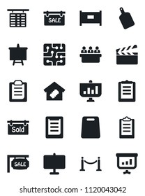 Set of vector isolated black icon - fence vector, flight table, presentation board, meeting, clipboard, clapboard, sale, sold signboard, smart home, cutting, chip