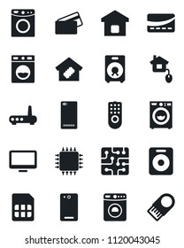 Set of vector isolated black icon - washer vector, monitor, speaker, phone back, sim, smart home, credit card, control, chip, remote, router, usb flash