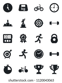 Set of vector isolated black icon - pedestal vector, medal, barbell, bike, run, heavy, clock, stopwatch, target, award cup