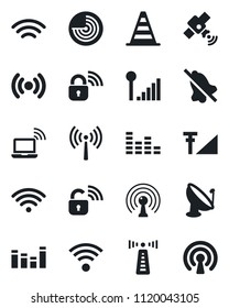 Set of vector isolated black icon - antenna vector, wireless notebook, border cone, radar, satellite, equalizer, mute, cellular signal, lock