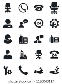 Set of vector isolated black icon - office chair vector, phone, 24 hours, support, speaker, radio, call, root setup, palm sproute