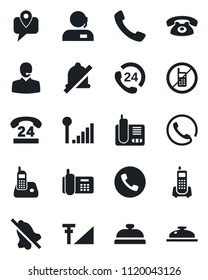 Set of vector isolated black icon - phone vector, no mobile, office, 24 hours, tracking, radio, call, mute, cellular signal, support, reception