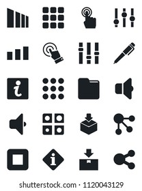 Set of vector isolated black icon - package vector, sorting, settings, touch screen, stop button, menu, folder, application, pen, sound, information, social media