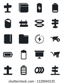 Set of vector isolated black icon - signpost vector, notepad, presentation board, wheelbarrow, battery, low, folder, charge, blank box, plates, guidepost