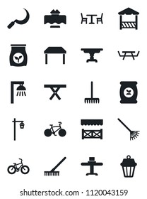 Set of vector isolated black icon - cafe vector, rake, sickle, garden light, picnic table, fertilizer, bike, restaurant, alcove, outdoor lamp