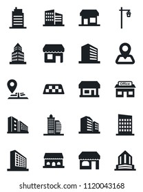 Set of vector isolated black icon - taxi vector, shop, office building, garden light, navigation, store, city house, cafe, storefront