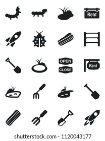 Set of vector isolated black icon - job vector, garden fork, shovel, lady bug, caterpillar, pond, rack, rent, bacon, open close, rocket