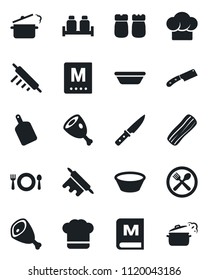 Set of vector isolated black icon - cafe vector, cook hat, menu, bacon, salt and pepper, ham, bowl, rolling pin, cutting board, knife, steaming pan