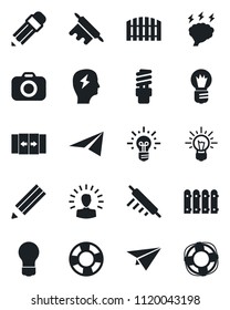 Set of vector isolated black icon - automatic door vector, brainstorm, bulb, camera, pencil, fence, rolling pin, energy saving, shining head, idea, paper plane, crisis management