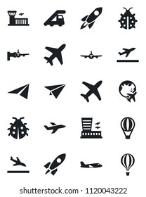 Set of vector isolated black icon - plane vector, departure, arrival, ladder car, boarding, globe, airport building, lady bug, rocket, paper, air balloon