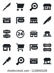 Set of vector isolated black icon - 24 around vector, shop, pen, store, search cargo, sale, sold signboard, cafe building, open close, cart, storefront