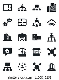 Set of vector isolated black icon - hierarchy vector, well, molecule, hospital, office building, garage, plan, home message