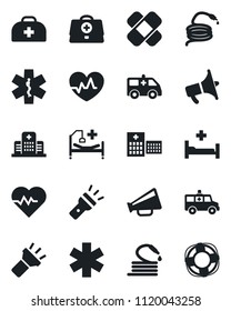 Set of vector isolated black icon - hose vector, heart pulse, doctor case, patch, ambulance star, car, hospital bed, loudspeaker, torch, crisis management