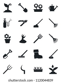 Set of vector isolated black icon - job vector, flower in pot, shovel, farm fork, rake, watering can, sproute, pruner, boot, seedling, hoe, sickle, garden sprayer, irrigation